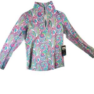 IBKÜL Mock Neck Top Women XS Pink Turquoise NEW 10869 Gloria Paisley UPF 50+